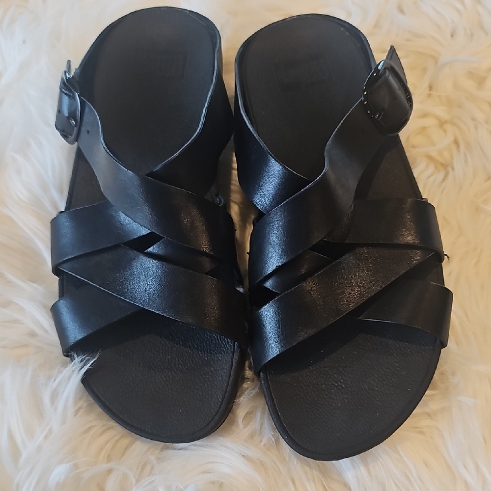 Fitflop Black Leather Crisscross Slide Sandals